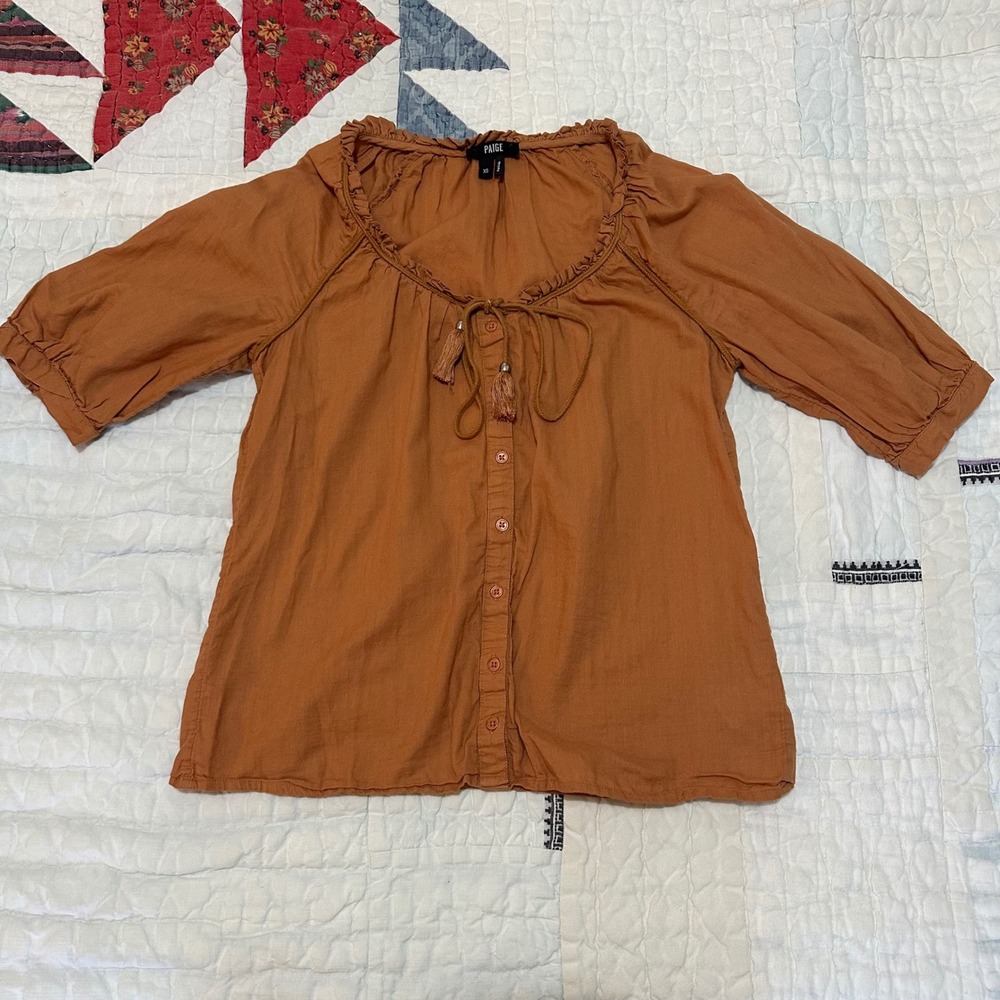 PAIGE Button Down Blouse Burnt Orange Ruffle Tie Neck XS